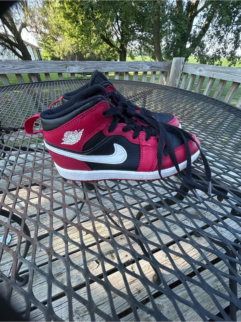 Nike Air Jordan Kids' Black and Red High-Top Sneakers with White Swoosh size 1.5